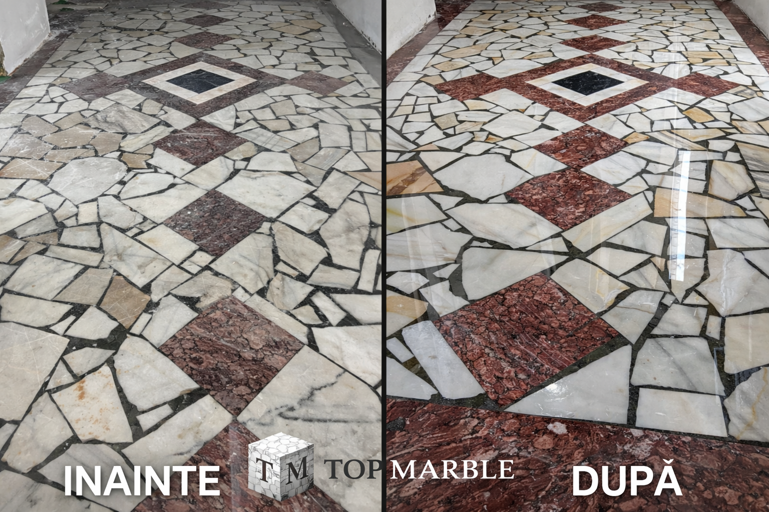 Înainte și după polisare marmură – luciu de oglindă